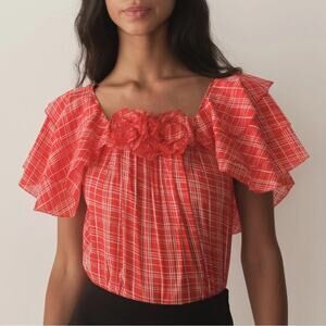 Doen Analicia Cotton Voile Silk Rosette Flutter Sleeve Top Sylvia Plaid Red